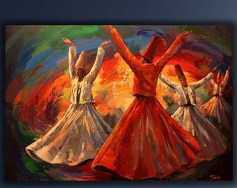 Whirling Dervish Oil Painting Canvas Print, Islamic Wall Art