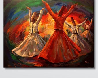 Whirling Dervish Oil Painting: Islamic Canvas Wall Art Print