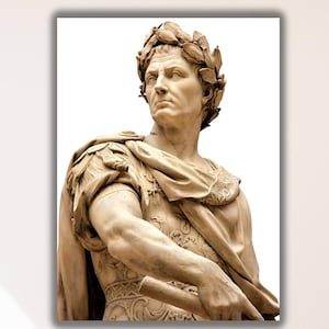 May include: A framed print depicting a classical bust of a man wearing a laurel wreath and draped in a toga. The sculpture is in shades of beige and brown, set against a white background. The print hangs on a white wall above a wooden floor.
