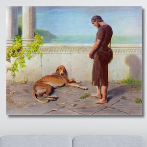 May include: A rectangular canvas wall art print featuring a painting of a person in a brown tunic standing on a stone terrace next to a reclining brown dog. The scene includes a white stone wall, a green vine, and a distant blue sea view.
