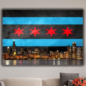 Chicago Flag Skyline Canvas Wall Art Print,Landscape Wall Art,Chicago Canvas Art,Chicago Poster,Sunset Decor,Extra Large Wall Art,Gift Idea