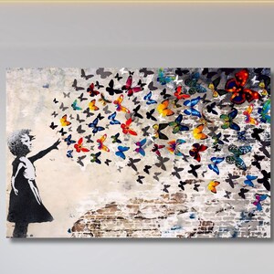 Banksy Butterfly Girl Graffiti Canvas Print, Banksy Butterfly Girl Wall Art, Banksy Butterfly Girl Poster Art, Street Graffiti Wall Art