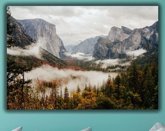 Foggy Yosemite Valley Canvas Print, Mountain Landscape Wall Art