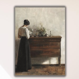 Carl Vilhelm Holsoe Interior Artists Wife Reading Book Canvas Wall Art Print, Carl Vilhelm Holsoe Poster Reproduction in Pinewood Frame