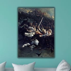 May include: A painting depicting a chaotic scene of a battle.  The painting is dominated by a dark, swirling mass of figures and horses, with a few figures in white clothing visible.  The painting is set against a dark background.