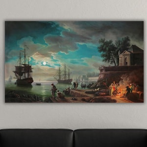 Claude Joseph Vernet Seaport by Moonlight Canvas Wall Art,Claude Joseph Vernet Seaport by Moonlight Poster, Gift for Sailors, Ready To Hang