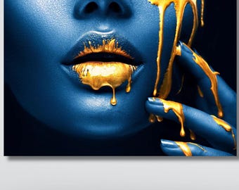 Blue African Woman Gold Lip Canvas Art Print, Ethnic Wall Decor