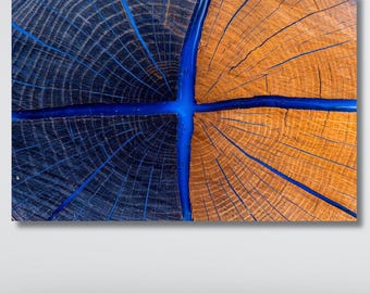 Blue Tree Ring Wall Art, Wood Resin Abstract Canvas, Rustic Modern Nature Decor