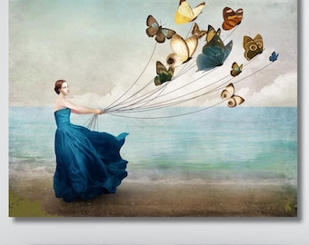 Woman with Butterflies Canvas Wall Art Print: Modern Living Room Decor