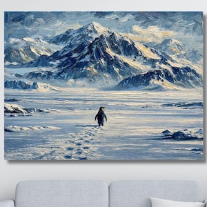 May include: An oil painting showing a penguin traversing a snowy expanse towards snow-covered mountains under a cloudy sky. The artwork uses shades of blue and white, creating a cold, serene atmosphere. Footprints trail behind the penguin.