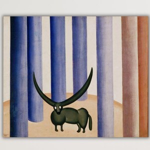 May include: An abstract painting featuring a dark green creature with large, curved horns standing before vertical blue, purple, and brown columns. The artwork has a minimalist style and a neutral background.