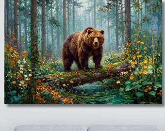 Grizzly Bear Misty Forest Canvas, Brown Bear Landscape Art, Wildlife Wall Decor