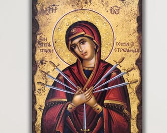 Virgin Mary Seven Swords Canvas Print, Greek Orthodox Icon, Devotional Wall Art