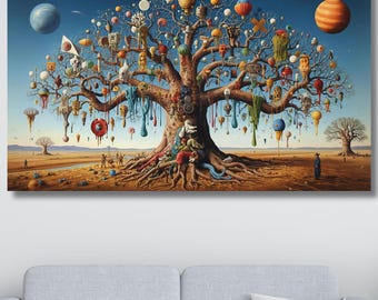 Surreal Tree of Life Canvas Wall Art, Dali Inspired Fantasy Landscape Decor