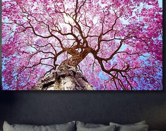Pink Blossom Tree Canvas Wall Art Design: Botanical Landscape Living Room Print Decor