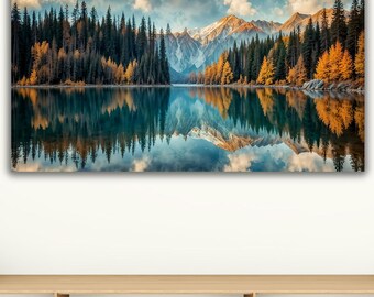 Watercolor Mountain Lake Canvas Art, Panoramic Forest Reflection
