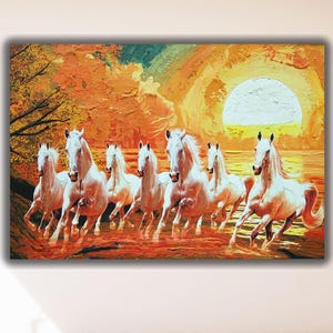 7 laufende weiße Pferde in Ölfarbe gemalt Leinwand Wandkunst, Tier Wandkunst 7 laufende Pferde in Öl gemalt Leinwand Poster Druck Wohnkultur