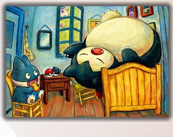 Snorlax Canvas Print, Van Gogh Inspired, Kids Room Decor