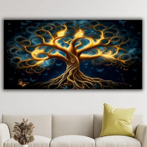 May include: A vibrant canvas print featuring a stylized tree with glowing golden branches and roots. The artwork is set against a dark blue background with swirling patterns and scattered butterflies, creating a mystical scene.
