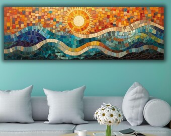 Mosaic Sun and Ocean Canvas Art, Mid-Century Modern Panoramic Print