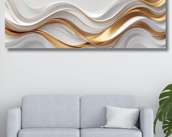Gold White Abstract Wall Art, Luxury Waves Canvas, Modern Elegant Home Decor