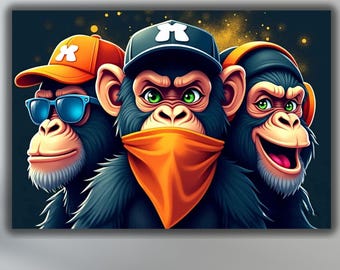 Three Wise Monkeys Canvas Art Print, DJ Monkey Poster, Animal Wall
