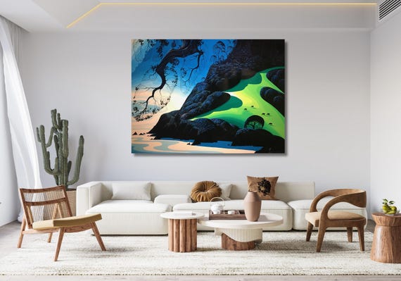 Eyvind Earle Coastal Paradise Canvas Print, Vintage Landscape Wall