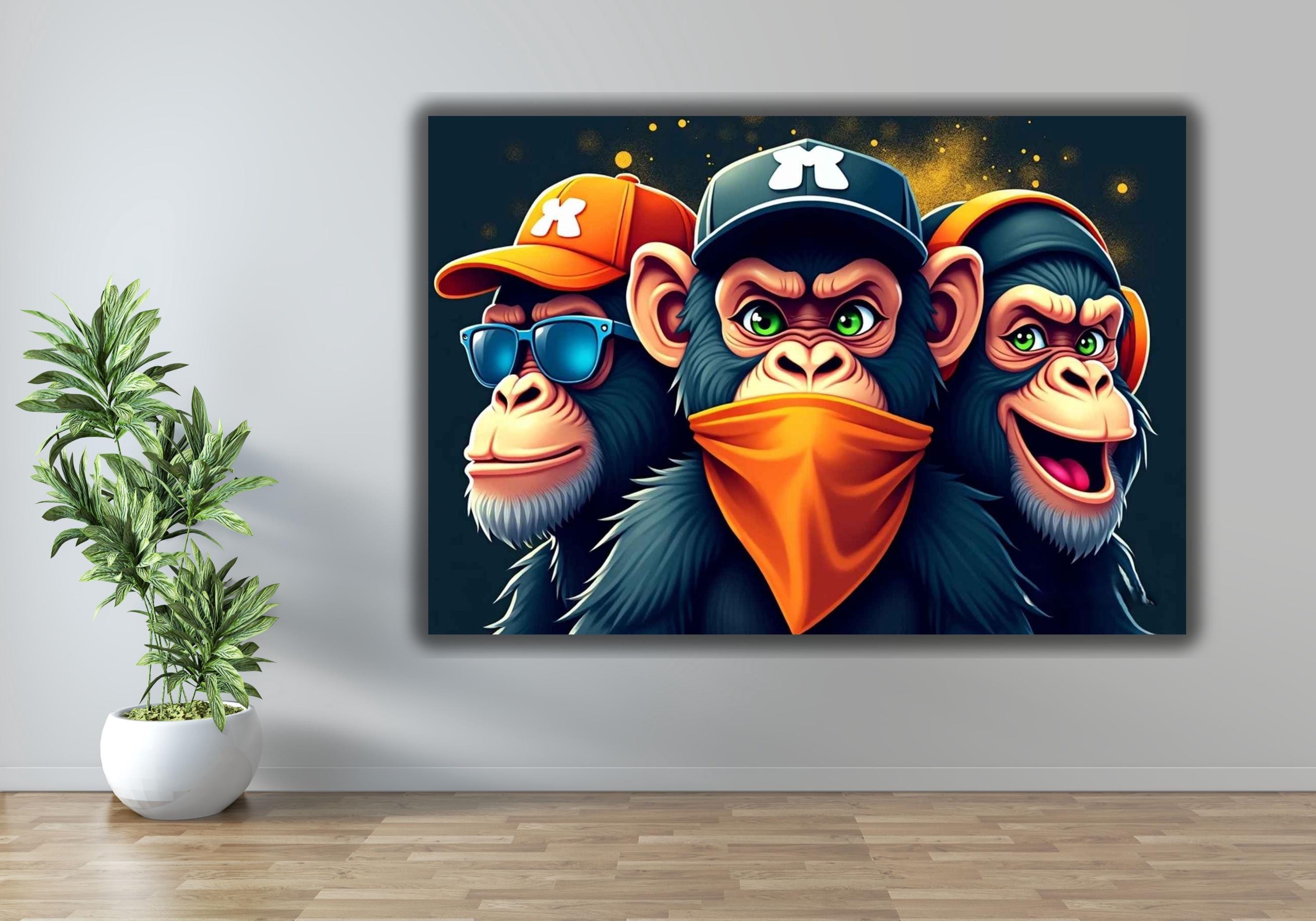Three Wise Monkeys Canvas Art Print, DJ Monkey Poster, Animal Wall