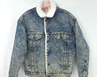 VTG Levis 80s Acid Wash Sherpa Lined Denim Trucker Jacket Med/L Made in USA
