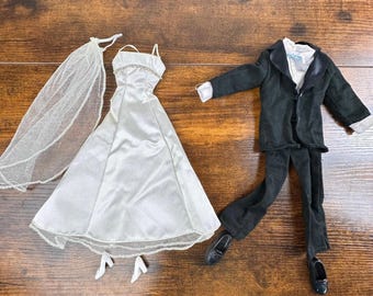 Vintage Barbie & Ken Wedding Outfits Bride Gown Veil Tuxedo Shoes 1990s Mattel