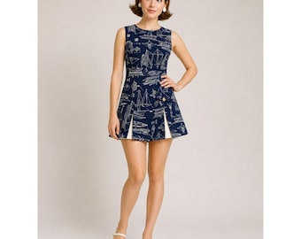 VTG 1960s Byer California Nautical Romper Dress Mod Skort S Navy White Sailboat