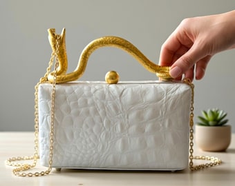 White Leather Clutch Bag: Gold Chain Evening Wedding Purse. Handmade in the USA.