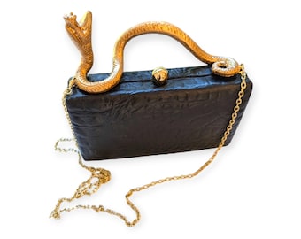 Black Leather Clutch Bag: Gold Chain Evening Wedding Purse
