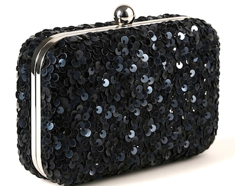 Sequin Little Black Clutch Bag: Handmade Evening Bag with Chain