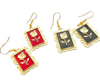 Handmade Floral Dangling Earrings:  Victorian, Vintage  Style Red Black Gold Fashion Statement Jewelry Earrings.