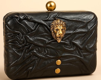 Handmade Italian Leather Clutch Bag: Lion Face, Studs, Detachable Chain