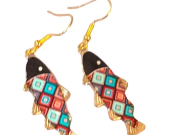 Gold Fish Dangle Earrings: Fun Colorful Summer Jewelry, Handmade in USA