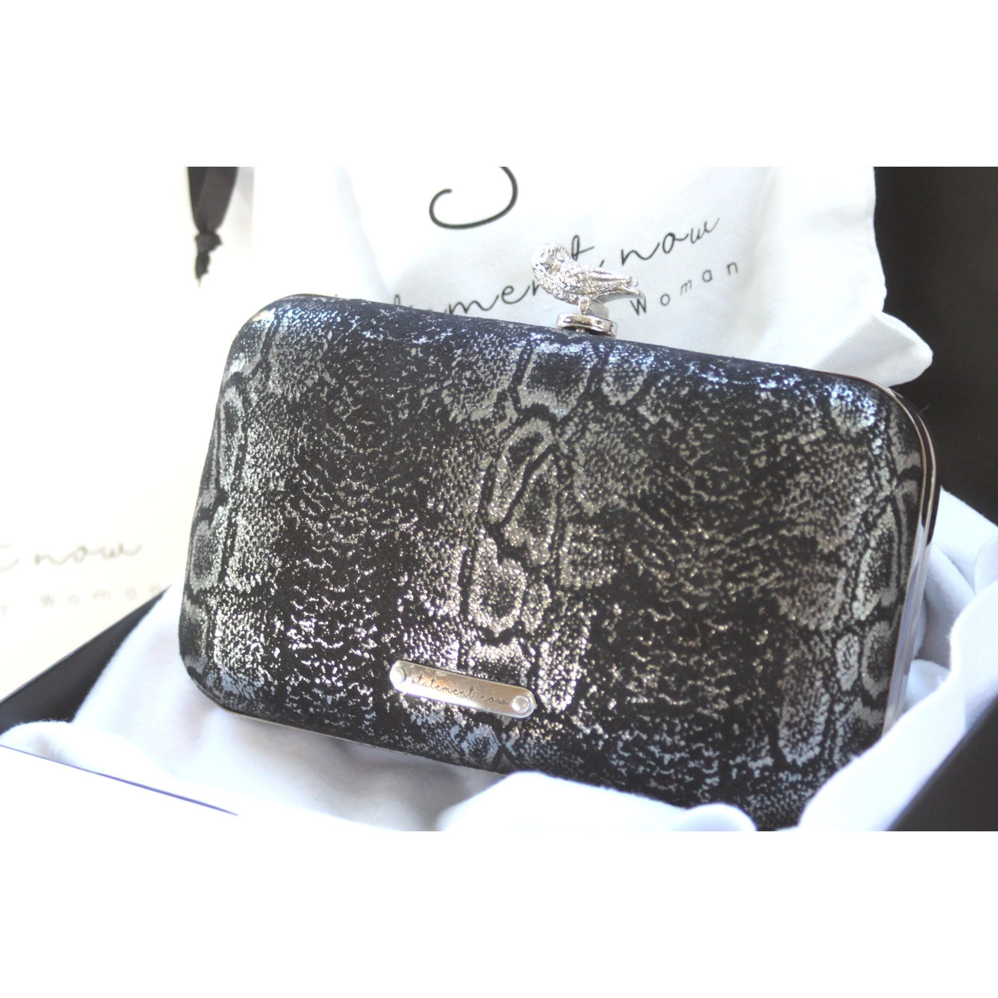 Handmade Italian Leather Clutch Bag: Silver Snake Print, Owl Clasp