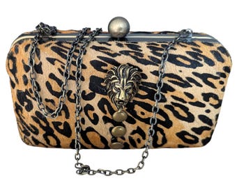 Leather Leopard Print Clutch Bag with Lion Face Decor, Studs, Detachable Chain, Handmade Women's Evening Purse.