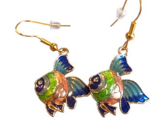 Gold Fish Dangle Earrings: Fun Colorful Summer Jewelry, Handmade in USA