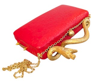 Italian Leather Red Clutch Bag: Handmade Embossed Crocodile, Snake Handle