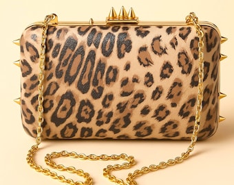 Handmade Leopard Print Italian Leather Clutch: Gold Spike Detail