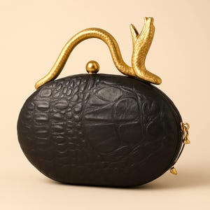 Black Alligator Embossed Leather Clutch: Snake Handle Evening Bag