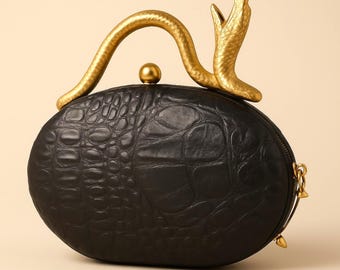 Black Alligator Embossed Leather Clutch: Snake Handle Evening Bag