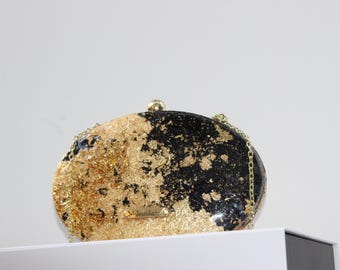 Handmade Black & Gold Clutch Bag: Mica Flakes Resin Evening Bag