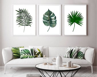 Set of 3 Botanical Prints Monstera Print, Palm and Monstera Leaf, Tropical Leaf Print, Monstera Trio Prints, Tropical Prints, Palm Prints