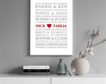 Famous Lovers Personalised Print, Famous Couples Print, Custom Love Print, Custom Wedding Print