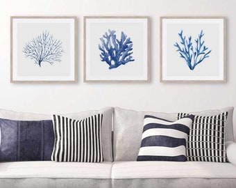 Blue Coral Prints, Blue Coral Watercolour Prints Set of 3, Hamptons Wall Art, Coastal Prints, Hamptons Coral Prints UNFRAMED