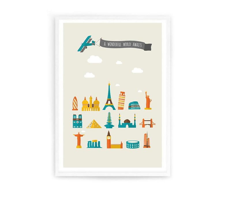 A Wonderful World Awaits Travel Print, World Landmarks Print, World Icons Nursery Print, Kids World Travel Print, Travel Nursery Print image 1