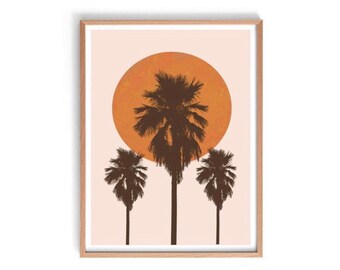 May include: A digital art print featuring three palm trees silhouetted against a large orange sun on a light pink background.
